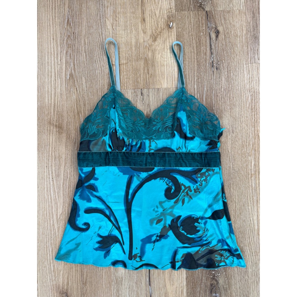 Y2K Kenzie Silk Lace Babydoll Cami Sz 4 Turquoise Teal Velvet Empire Waist Fairy